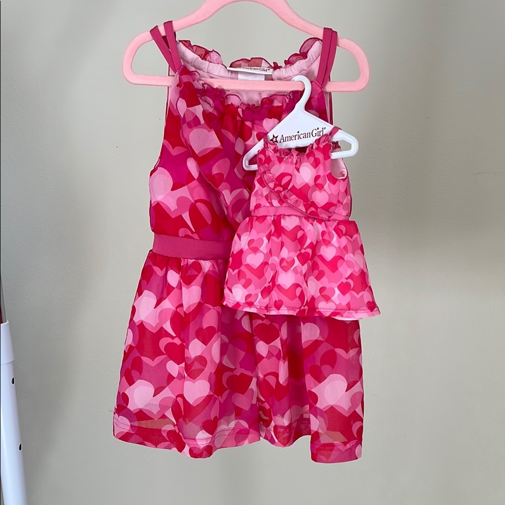 American Girl Pink Red Hearts Ruffle Dress Set for Girls and Dolls